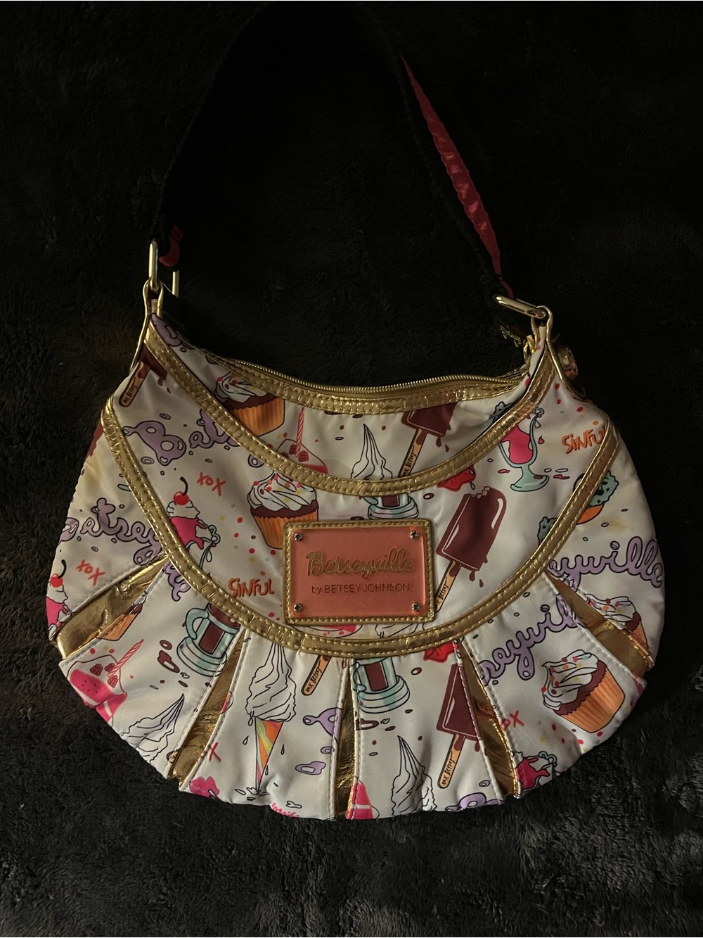 Betsey Johnson Dessert Print Crescent Shoulder Bag in Cream and Gold